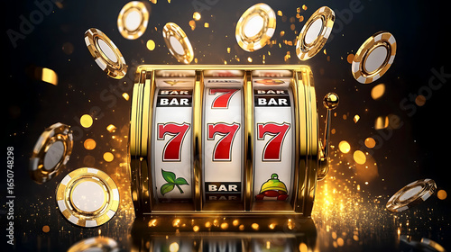 Vibrant casino slot machine with winning triple seven symbols