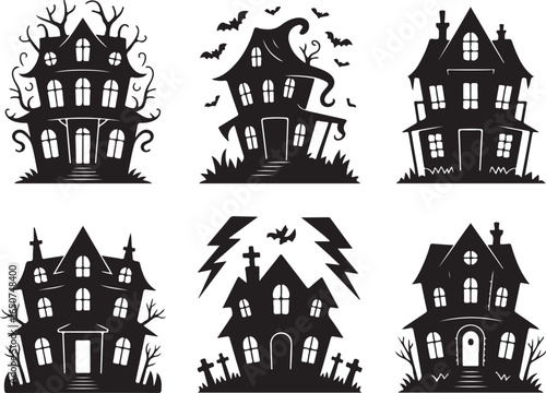 Spooky Halloween haunted houses silhouette design elements for eerie vibes