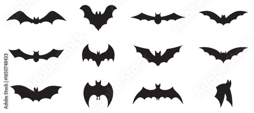 set of halloween bat silhouette vector on tranparent background . Flying Black Bat Icons Collection