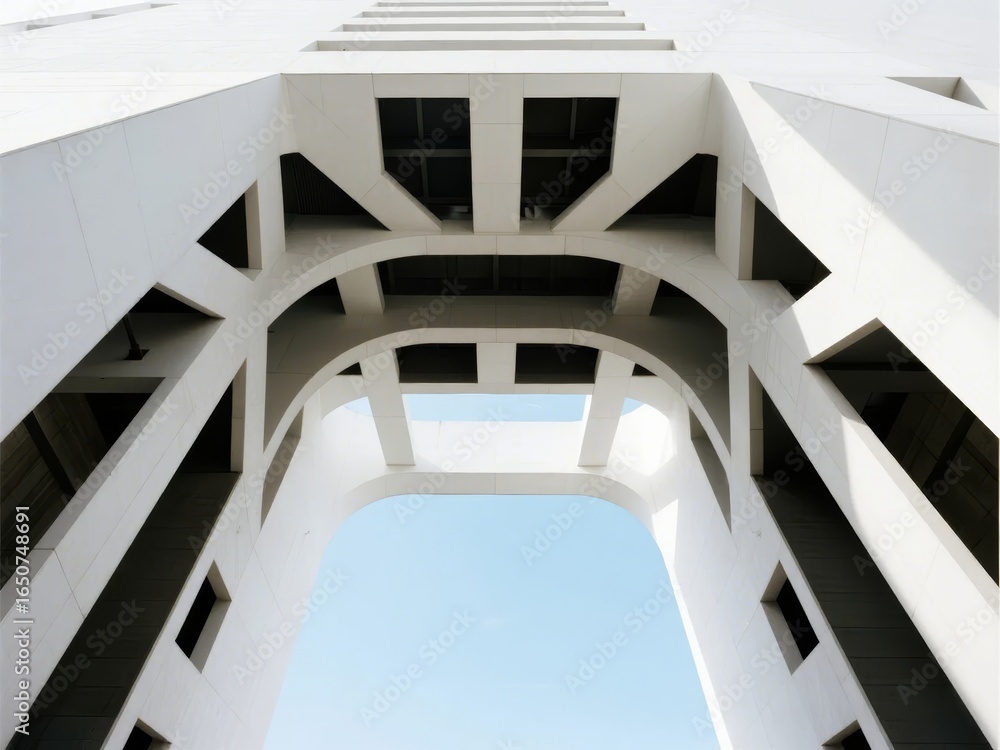 Fototapeta premium Architectural Detail of a Modern Building with Geometric Patterns and Open Sky View