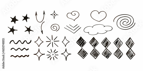 Collection of hand drawn doodle elements including stars arrows hearts clouds spirals and diamond shapes design on transparent background