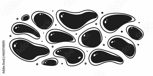 Illustration of multiple black fluid shapes with white outlines and small dots scattered around them design on transparent background