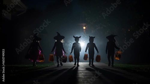 Halloween children silhouette trick or treating