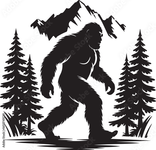 Bigfoot silhouette walking through forest with mountains in the background