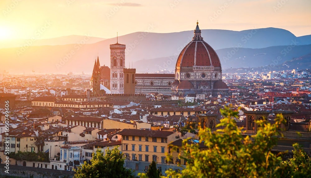 Fototapeta premium Sunset view of a European city, featuring a large domed cathedral and surrounding architecture