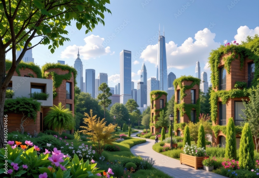 Fototapeta premium design a city of the future with large parks community gardens vertical gardens green corridors that improve air quality mitigate climate change provide shade reduce stress and create natural habitats