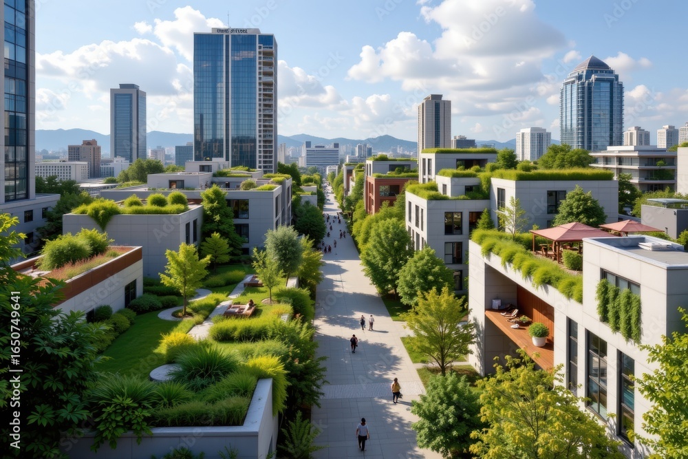 Fototapeta premium create a modern cityscape integrating green spaces throughout streets rooftops and open areas promoting mental health physical activity air purification cooling effects and urban biodiversity while pr