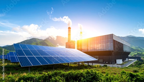Solar panels and industrial plant at sunset