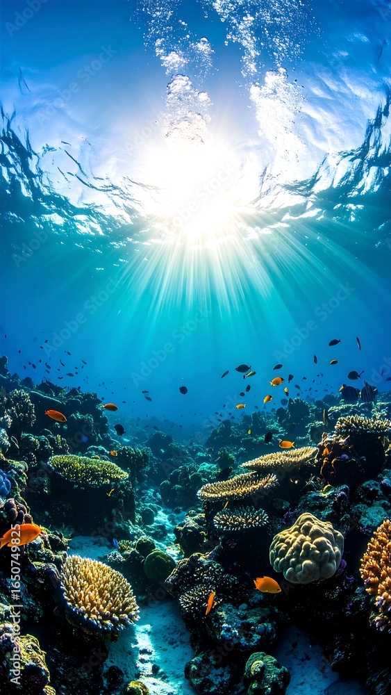 Naklejka premium Sunbeams illuminate a vibrant underwater coral reef teeming with colorful fish