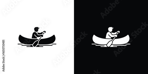 Black and White of Man Paddling Canoe on Water, Minimalist Design Icon