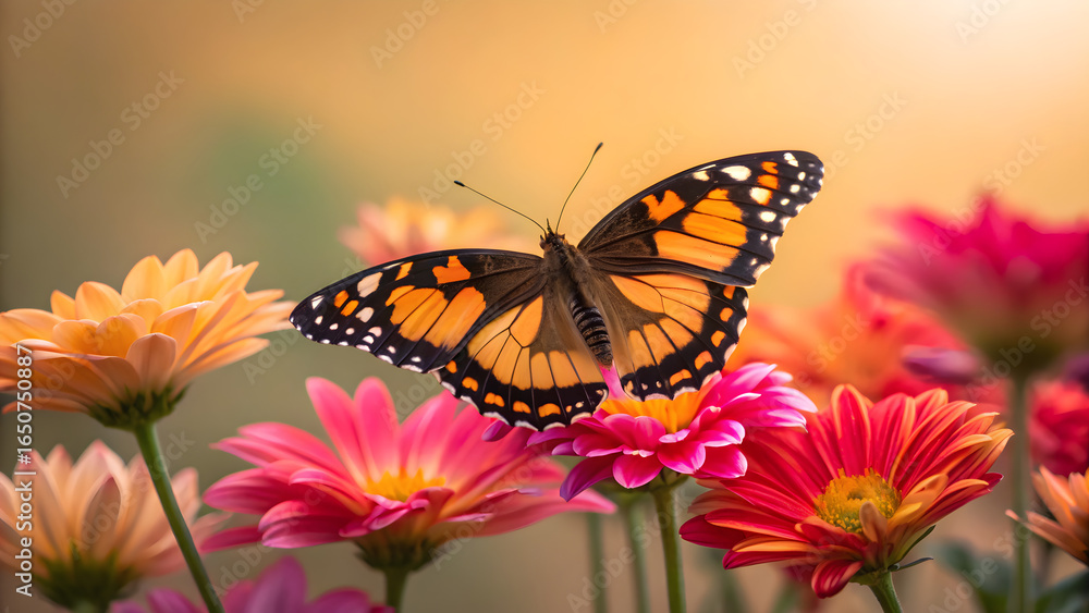 Fototapeta premium Monarch butterfly, orange and black wings, on pink flowers, natural beauty