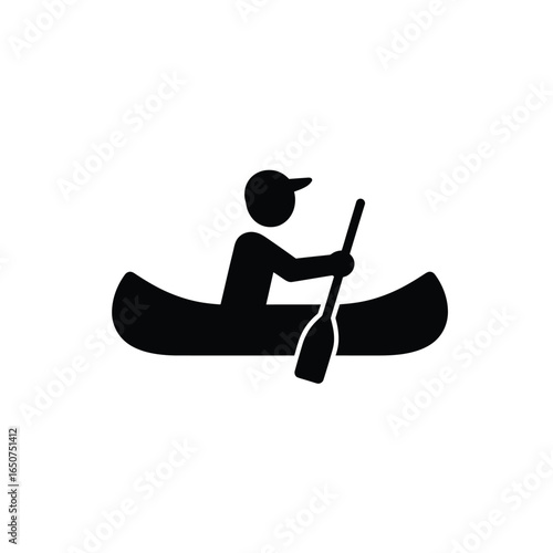 Black Silhouette of Man Canoeing With Paddle Wearing Cap On Isolated White Background