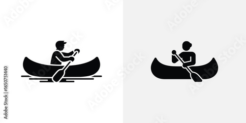 Black Silhouette of People Canoeing with Paddle on White Background Split Screen Style