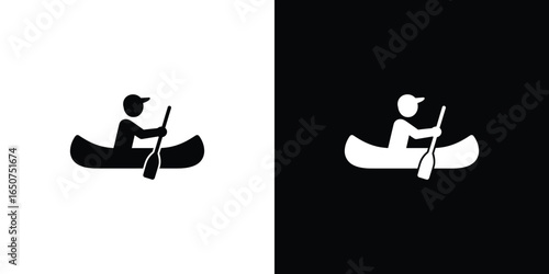 Canoeing Pictogram, Silhouette of Person in Canoe with Paddle, Black and White Backgrounds