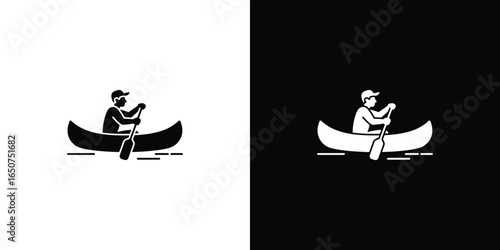 Canoe Paddler Silhouette on Water Black and White Illustration