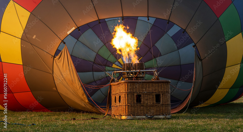 Obraz premium Close-up of a vibrant hot air balloon moments before liftoff, showing detailed fabric, wicker basket, and burner flame. 