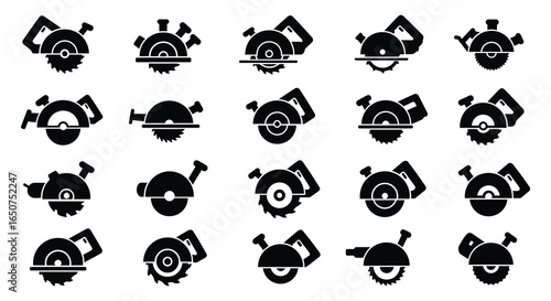 Collection of Circular Saw Icons in Black Silhouette for Construction and Woodworking