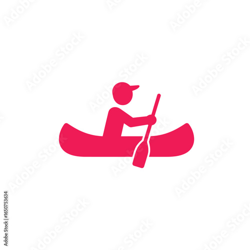 Pink Icon Depicting a Person Canoeing with a Paddle on a White Background