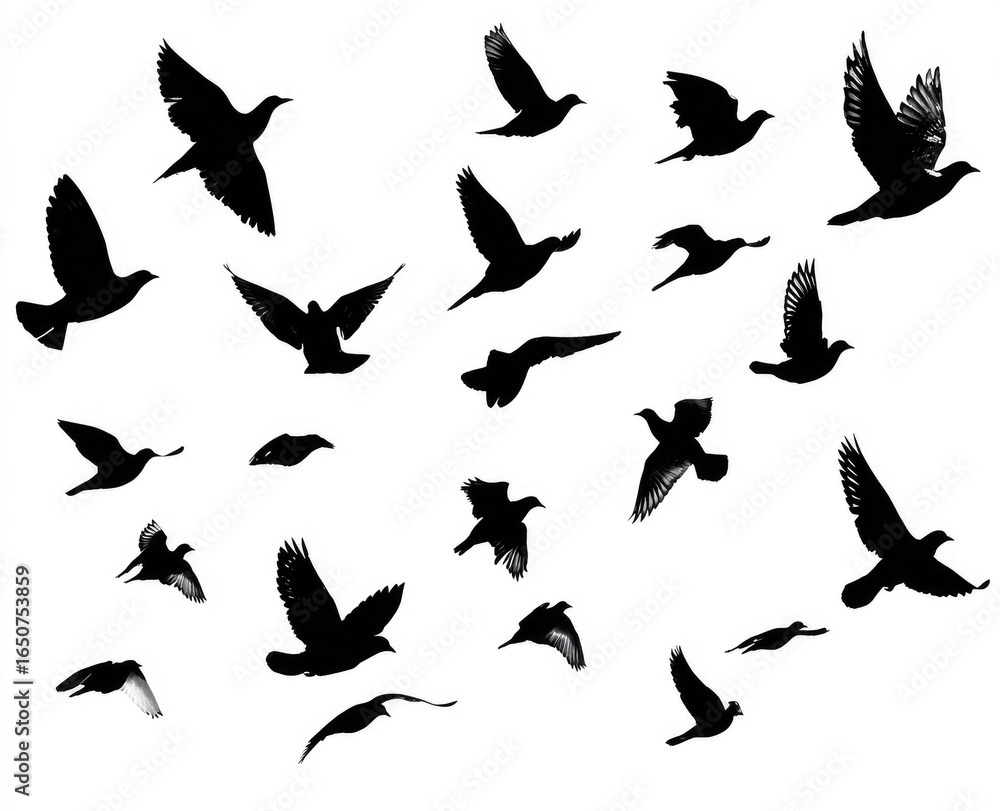 Obraz premium Black silhouettes of various birds in flight against a white background