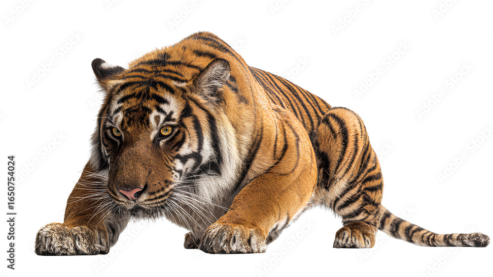 Fototapeta premium Bengal Tiger Crouching – Powerful Big Cat Predator Isolated