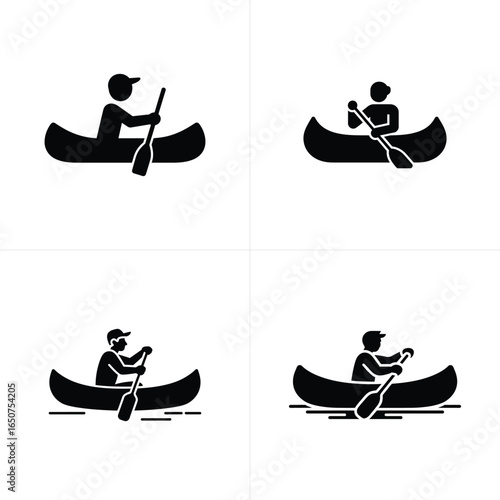 Silhouetted Canoeing Icons Featuring Paddlers in Boats on Water for Sport or Recreation