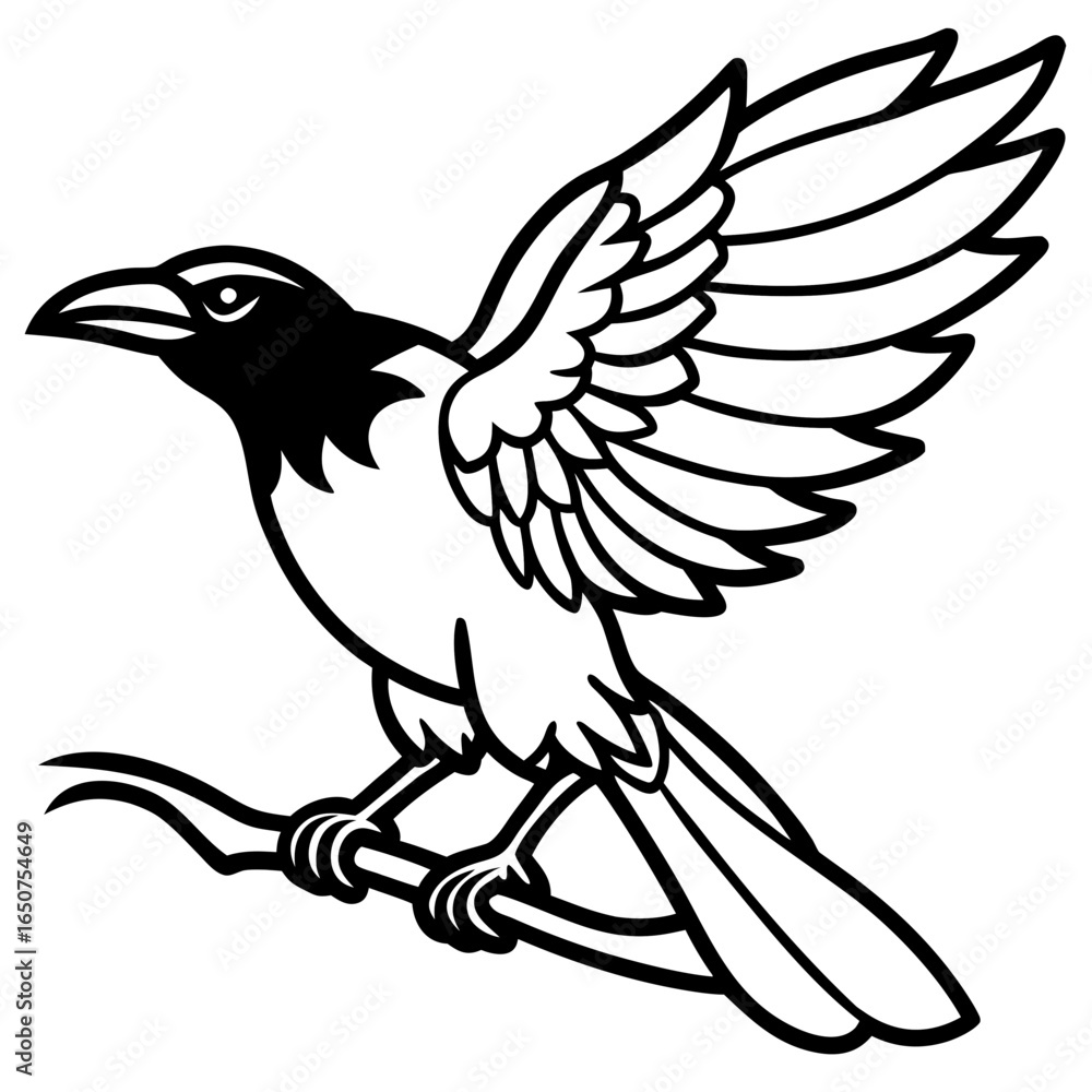 Obraz premium Stylized black and white crow perched on a branch with wings spread