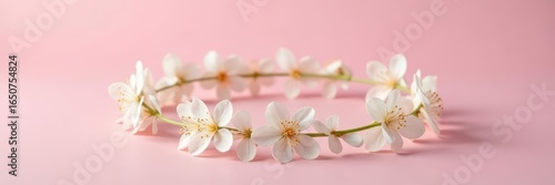 Delicate white floral crown on pale pink backdrop , floral arrangement, wedding decor