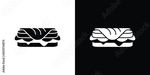 Sliced Sandwich Icon in Black and White, Side View Isolated on Split Background