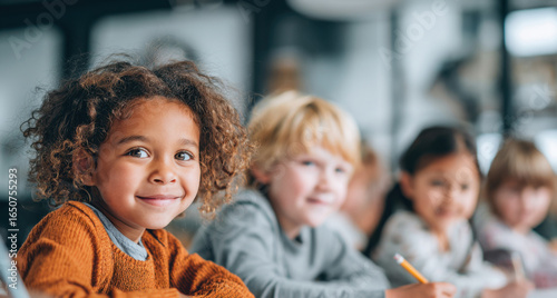 Happy children smiling and learning together in classroom