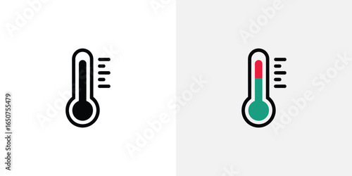Two thermometer icons, black and white contrast, displaying different temperature levels and scale marks