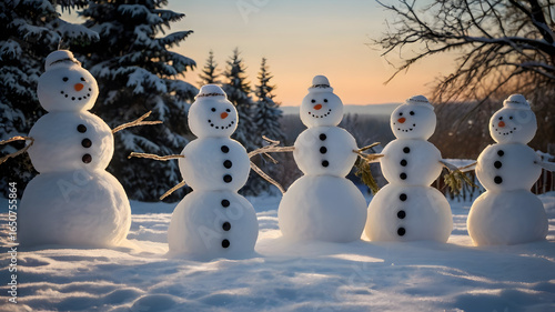 Happy snowmen family in winter wonderland with Christmas hats and scarves