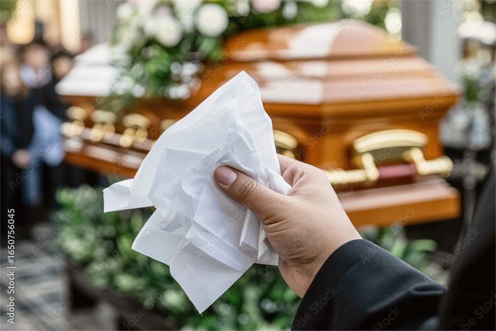 Obraz premium hand hold crumpled tissue at funeral. Death and grief