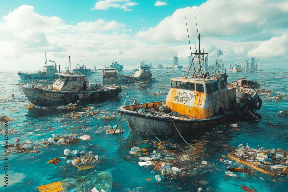 Obraz premium Abandoned boats amidst ocean pollution with floating debris and cityscape