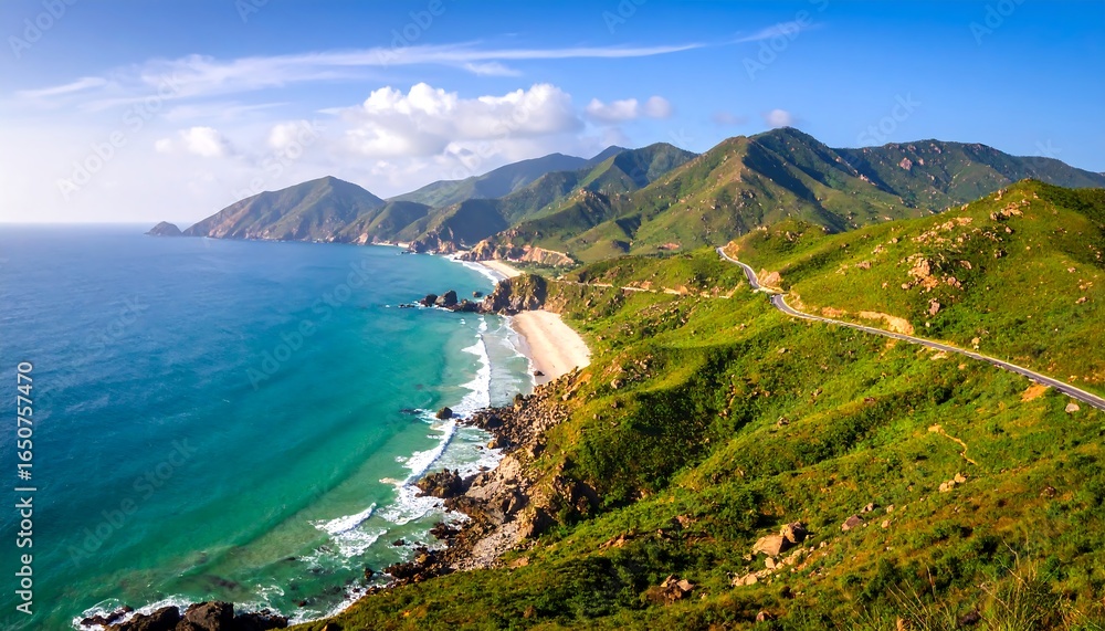 Fototapeta premium Coastal road winding through lush hills and a pristine beach.