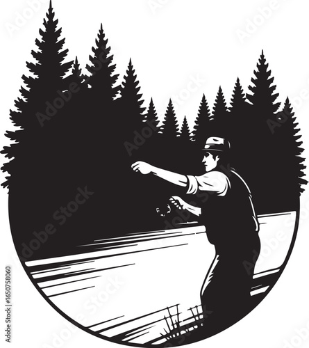 Fly fishing angler casting line in serene forest setting monochrome art