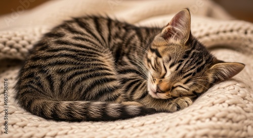Adorable tabby kitten sleeping peacefully curled