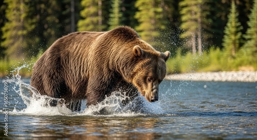 Majestic Grizzly Bear Splashing Through a River