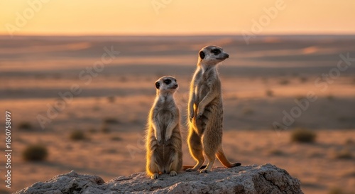 Two meerkats on lookout, standing on a rock at