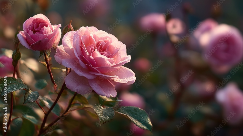 Obraz premium Delicate pink roses blooming in a soft, dreamy garden setting background