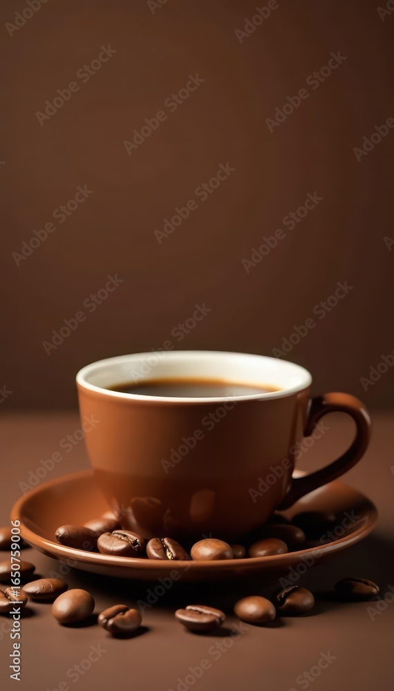 Obraz premium Coffee cup, roasted beans, brown backdrop, empty space , cafe, rich, vintage