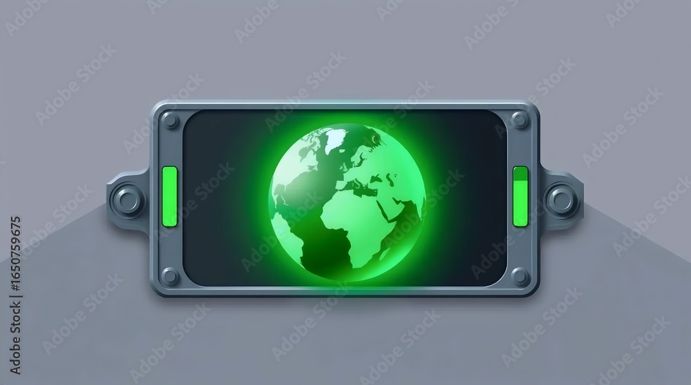 futuristic green glowing globe inside a digital device screen for technology or global network concepts