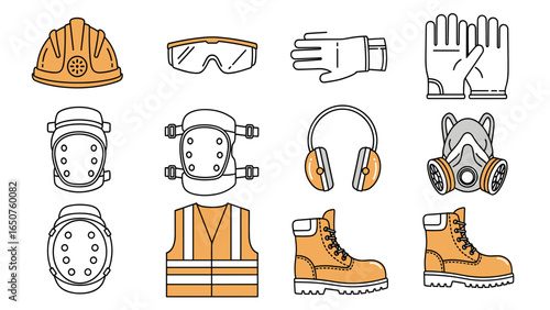 Construction safety equipment icons set, essential safety elements for construction sites