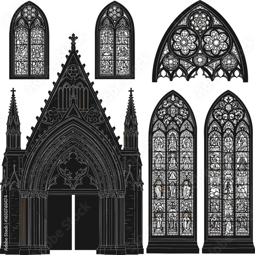 Detailed Architectural Drawings of Gothic Cathedral Elements for Design Purposes