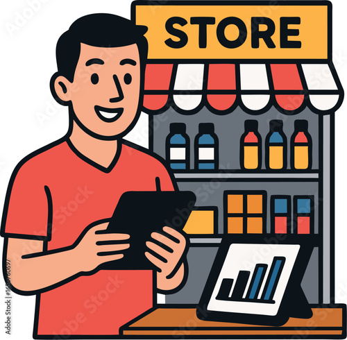 Vector illustration of small store owner standing in front of shop with tablet and sales chart, representing retail business, entrepreneurship, and digital management.