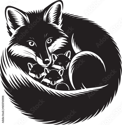 Loving fox family cuddling together in a protective, heartwarming embrace