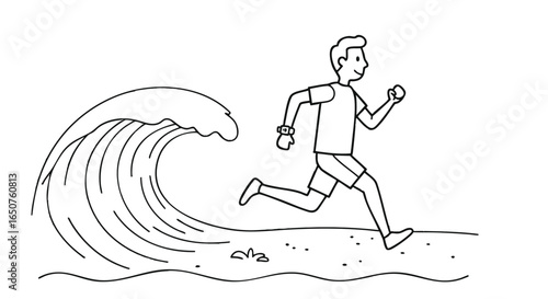 Line drawing of a man running on a beach, swiftly evading a massive ocean wave, illustrating an urgent escape against powerful natural forces