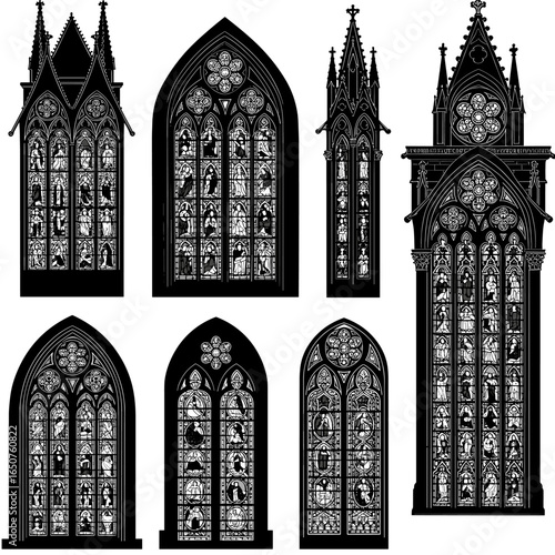 Detailed Architectural Silhouettes of Gothic Stained Glass Windows in Black and White