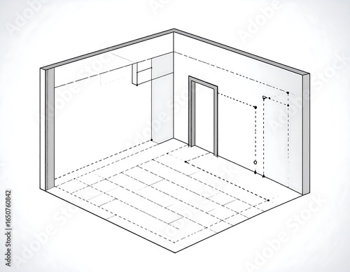Isometric Drawing of Interior Room with Floor Plan and Wiring Layout.