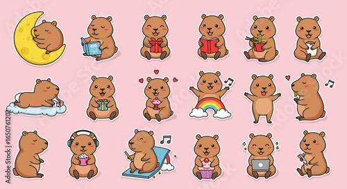  Set Sticker of Adorable Kawaii Chibi Capybara Characters