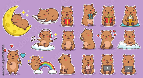  Set Sticker of Adorable Kawaii Chibi Capybara Characters